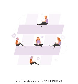 Hashtag flat vector concept. People with laptops and smartphones. Hashtag big symbol. Social network 