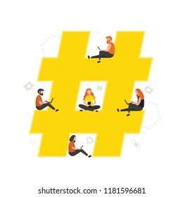 Hashtag flat vector concept. People with laptops and smartphones. Hashtag big symbol. Social network 