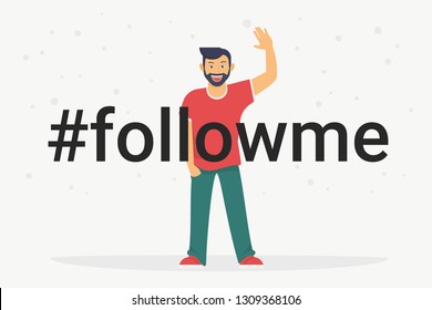 Hashtag follow me concept flat vector illustration of happy guy smiling and gesturing with a hands to engage new subscribers. Positive mood and happy emotions for friendly social networks community