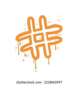 Hashtag - graffiti leaking sign in orange over white. Spray textured vandal street art. Vector sprayed illustration.