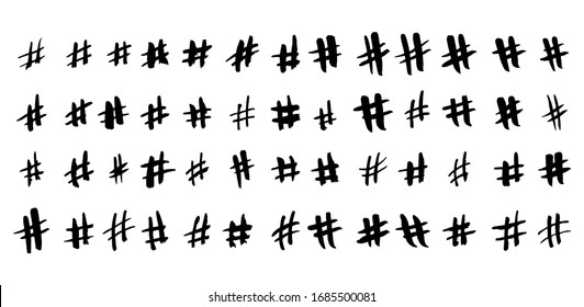 Hashtag grunge vector big set. Hand drawn icons for social networks or internet applications. Ink and brush symbol.