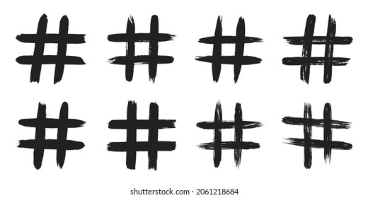 Hashtag hand drawn brush strokes set dirty art symbol icon sign isolated on white background. Black and white composition of the symbol hashtag.