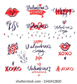 Hashtag Happy Valentine day. XoXo kiss. Sketch heart. Love sign.