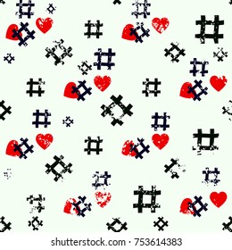 Hashtag and heart seamless pattern on white backgroun. Hashtag random seamless pattern
