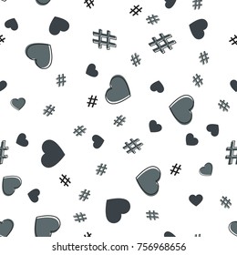 Hashtag and heart seamless pattern on white background. Hashtag random seamless pattern