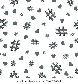 Hashtag and heart seamless pattern on white background. Hashtag random seamless pattern