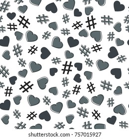 Hashtag and heart seamless pattern on white background. Hashtag random seamless pattern