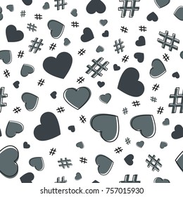 Hashtag and heart seamless pattern on white background. Hashtag random seamless pattern