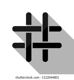 Hashtag icon. Black object with long shadow on white background