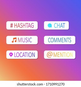 Hashtag icon, chat, music, comments, location, mention. Gradient buttons in the style of social media, video channels, blogging. Vector illustration 