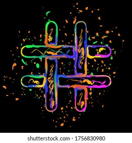 Icono de etiqueta. Tinta coloreada con salpicaduras en fondo negro