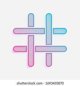 Hashtag icon. Colored logo with diagonal lines and blue-red gradient. Neon graphic, light effect