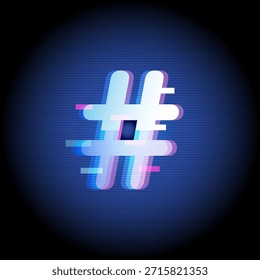 Icono de etiqueta con efecto de fallo en el fondo azul de la tecnología. Concepto de tendencias de medios sociales, marketing digital, comunicación en línea y tecnología moderna.