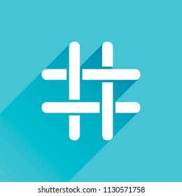 Hashtag icon. Gray icon with long shadow in bottom left corner on blue background