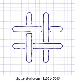 Hashtag icon. Hand drawn picture on paper sheet. Blue ink, outline sketch style. Doodle on checkered background