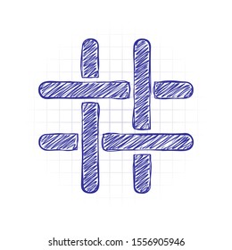 Hashtag icon. Hand drawn sketched picture with scribble fill. Blue ink. Doodle on white background