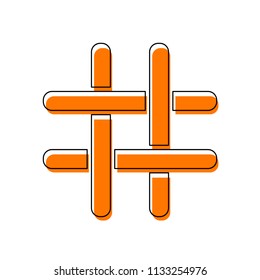 Hashtag icon. Isolated icon consisting of black thin contour and orange moved filling on different layers. White background