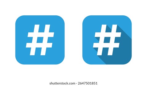 Hashtag icon with long shadow. Social media keyword symbol on blue square