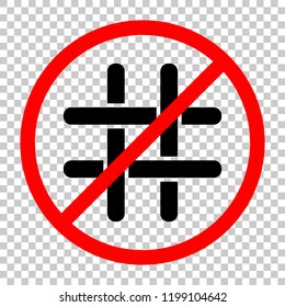 Hashtag icon. Not allowed, black object in red warning sign with transparent background