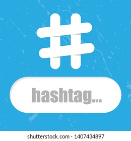 Hashtag icon. On a blue background. Place for text.