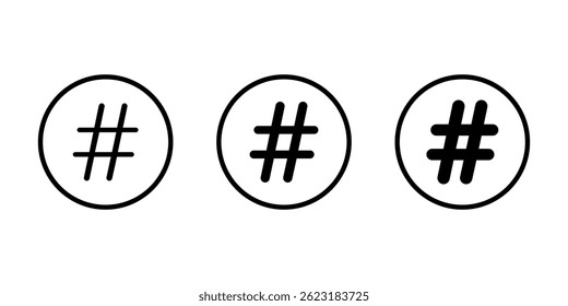 Ícone de hashtag na linha circular. Símbolo de sinal de palavra-chave de mídia social