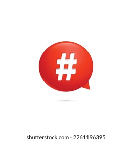 Hashtag icon on red chat bubble. Social networks ui design. Vector illustration.