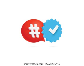 Hashtag icon on red chat bubble and checked tic on blue sticker. UI design. Vector illustration.