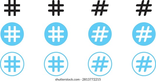 Hashtag icon set, hash symbol vectors in solid, outline, and circular blue styles for social media UI design