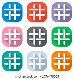 Hashtag icon. Set of white icons on colored squares for applicat