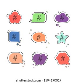 Hashtag icon in speech bubble set. Concept of number sign, social media and web communicate flat style trendy modern vector illustration