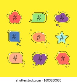 Hashtag icon in speech bubble set. Concept of number sign, social media and web communicate flat style trendy modern vector illustration