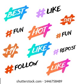 Hashtag icon with text for social network, internet application. Set freehand drawn symbol template. Hashtag isolated on white background. Fun logo.