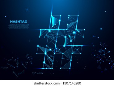 # Hashtag icon vector. Digital marketing concept. Polygonal wireframe mesh art, poly low. 