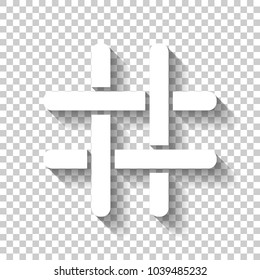 Hashtag icon. White icon with shadow on transparent background