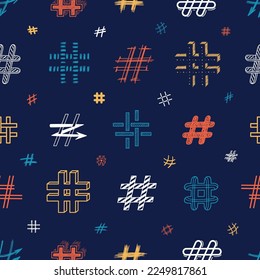 Hashtag Icons Vector Seamless Pattern. Repeat Colorful Background with Hand Drawn Hash Tag Symbols. Doodle Social Media Signs.