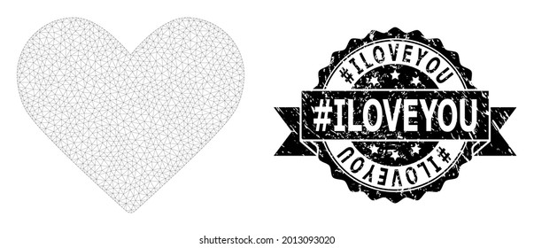 hashtag Iloveyou textured seal and vector love heart mesh structure. Black stamp has hashtag Iloveyou tag inside ribbon and rosette. Abstract flat mesh love heart, created from flat mesh.