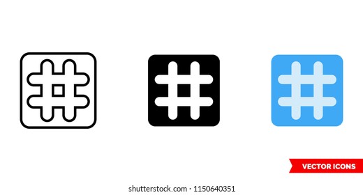 Hashtag key icon of 3 types: color, black and white, outline. Isolated vector sign symbol.
