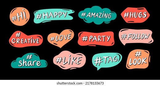 Hashtag lettering tags. Like sticker, share label and follow tag. Happy, love and party hashtags in color frames for social media posts vector set. Words for posting and communication in networks