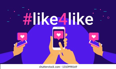 Hashtag like for like concept flat vector illustration of human hands hold smart phones and push like button on the screen. Social media hashtag and speech bubbles with heart symbols