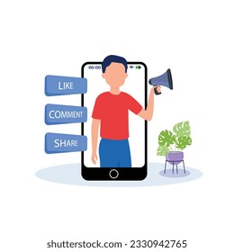 Hashtag, Like concept illustration of young people using mobile for sending posts and sharing them, Chatting or Massaging in social media. follow the trend