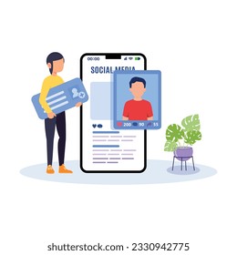 Hashtag, Like concept illustration of young people using mobile for sending posts and sharing them, Chatting or Massaging in social media. follow the trend