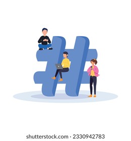 Hashtag, Like concept illustration of young people using mobile for sending posts and sharing them, Chatting or Massaging in social media. follow the trend
