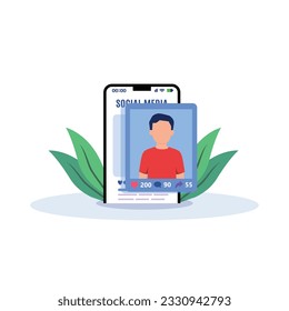 Hashtag, Like concept illustration of young people using mobile for sending posts and sharing them, Chatting or Massaging in social media. follow the trend