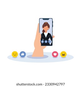 Hashtag, Like concept illustration of young people using mobile for sending posts and sharing them, Chatting or Massaging in social media. follow the trend
