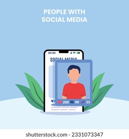Hashtag, Like concept illustration of young people using mobile for sending posts and sharing them, Chatting or Massaging in social media. follow the trend	