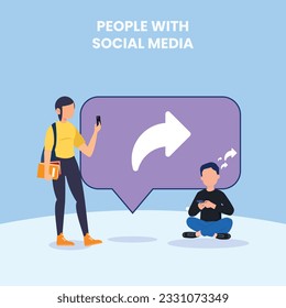 Hashtag, Like concept illustration of young people using mobile for sending posts and sharing them, Chatting or Massaging in social media. follow the trend	