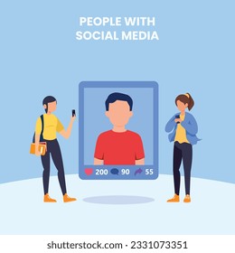 Hashtag, Like concept illustration of young people using mobile for sending posts and sharing them, Chatting or Massaging in social media. follow the trend	