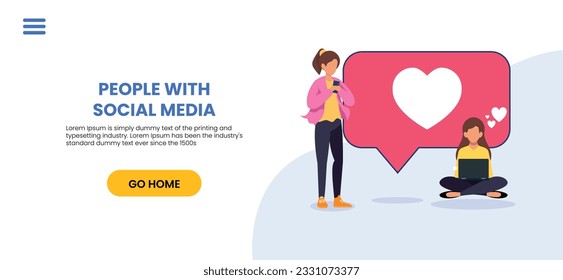 Etiqueta, como ilustración conceptual de jóvenes que usan móviles para enviar posts y compartirlos, Chatting o Massaging en medios sociales. seguir la tendencia	