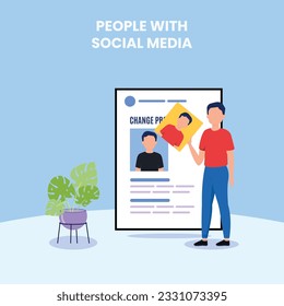 Hashtag, Like concept illustration of young people using mobile for sending posts and sharing them, Chatting or Massaging in social media. follow the trend	