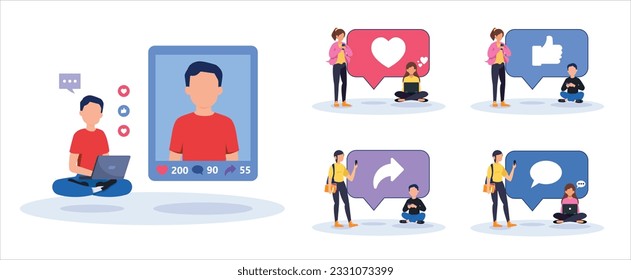 Hashtag, Like concept illustration of young people using mobile for sending posts and sharing them, Chatting or Massaging in social media. follow the trend	